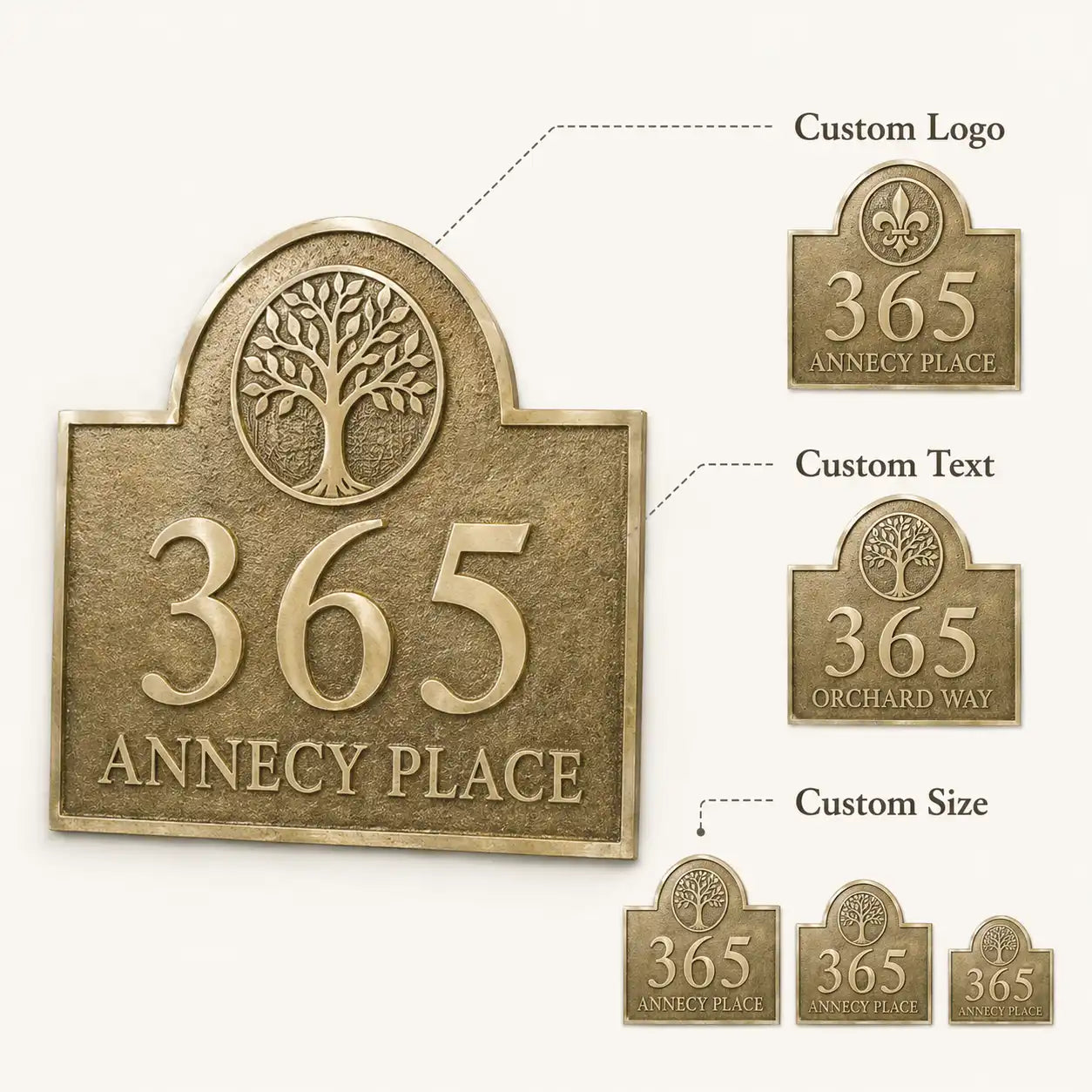 Brass House Number Sign Stands Out infographic presenting personalized wording, available finishes and exterior wall use.