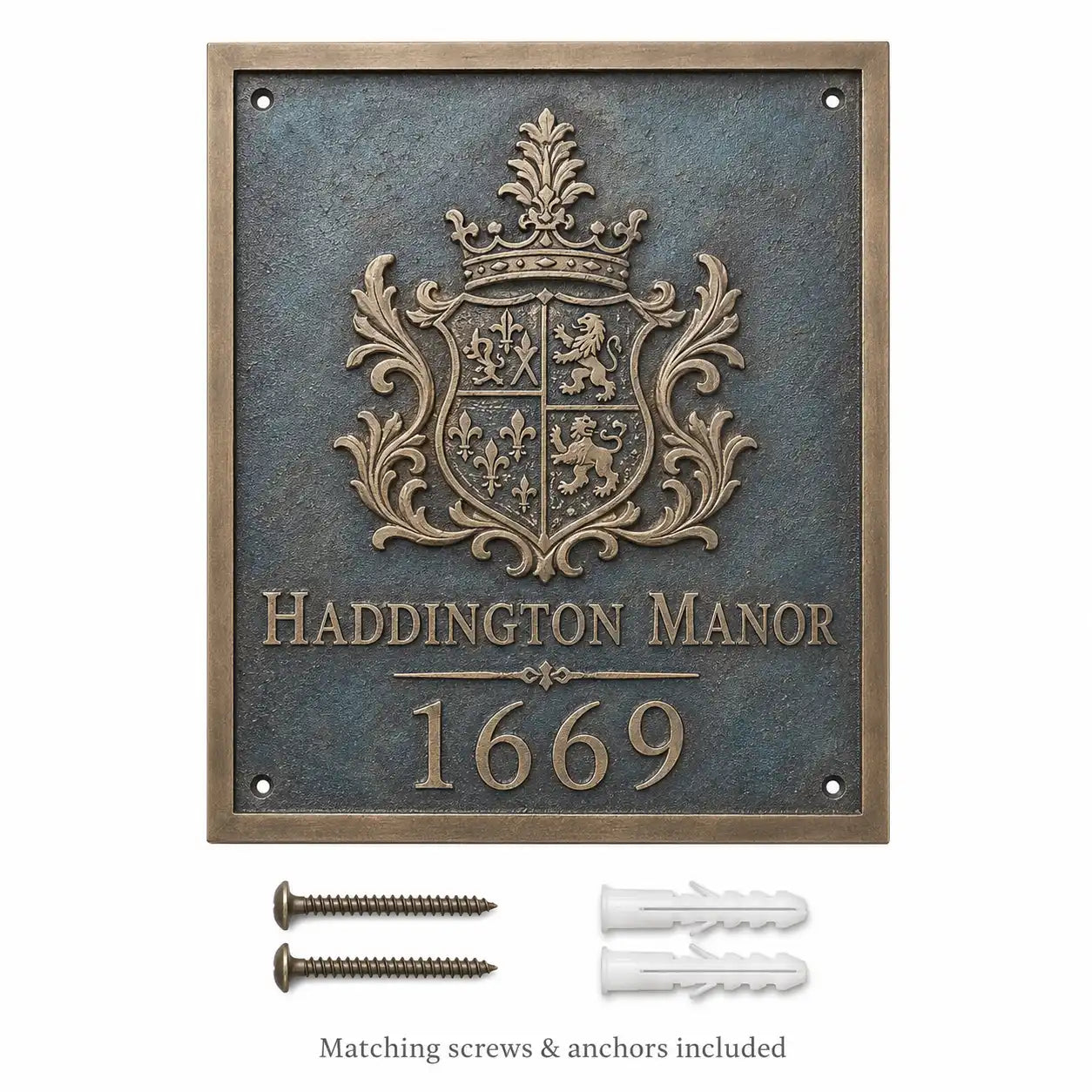 Custom bronze house number plaque displayed with mounting hardware, including two screws and two wall plugs.