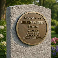 Oval bronze memorial plaque with personalized engraved inscription