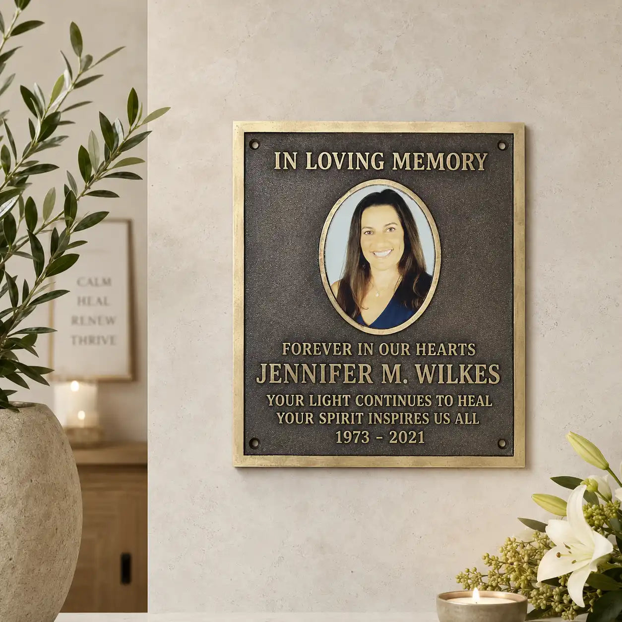 Custom bronze remembrance plaque with engraved photo and message