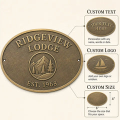 Premium Bronze Address Plaque infographic highlighting raised numbers, custom sizing and installation choices.