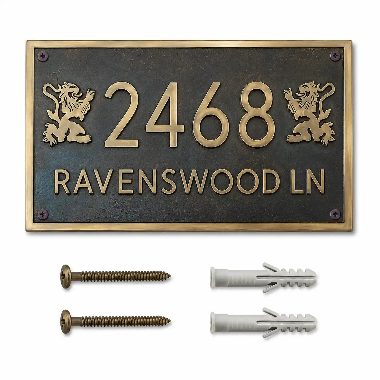 Personalized metal house plaque displayed with included screws and wall anchors on a clean white background.