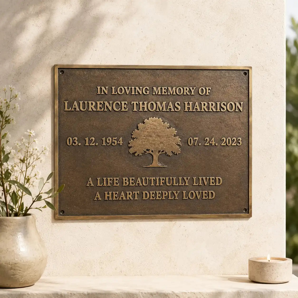 Bronze memorial tribute plaque with custom name and dates
