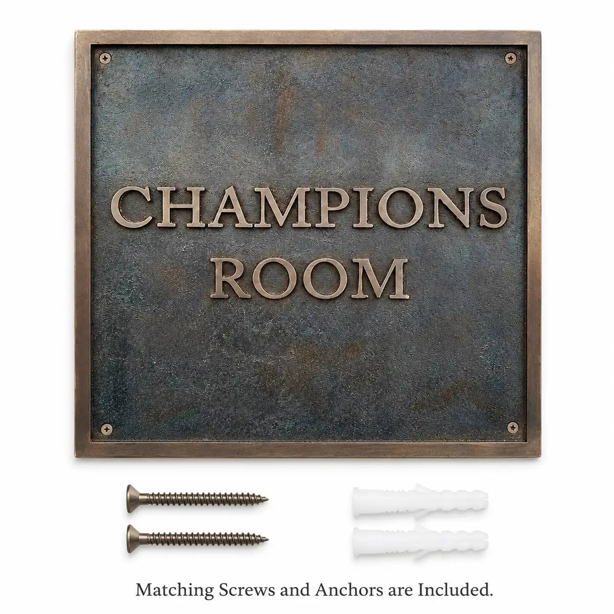 The premium bronze address plaque is shown with included fixing screws and wall anchors.