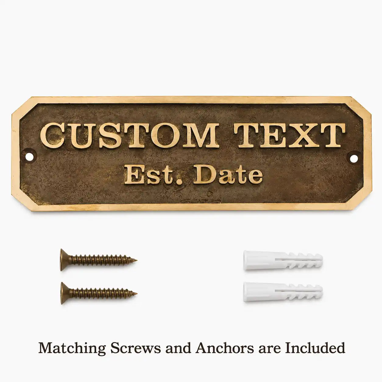 Custom Brass Door Sign displayed with two mounting screws and two wall anchors included for installation.