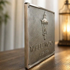 Engraved brass address plaque with custom house number and street name