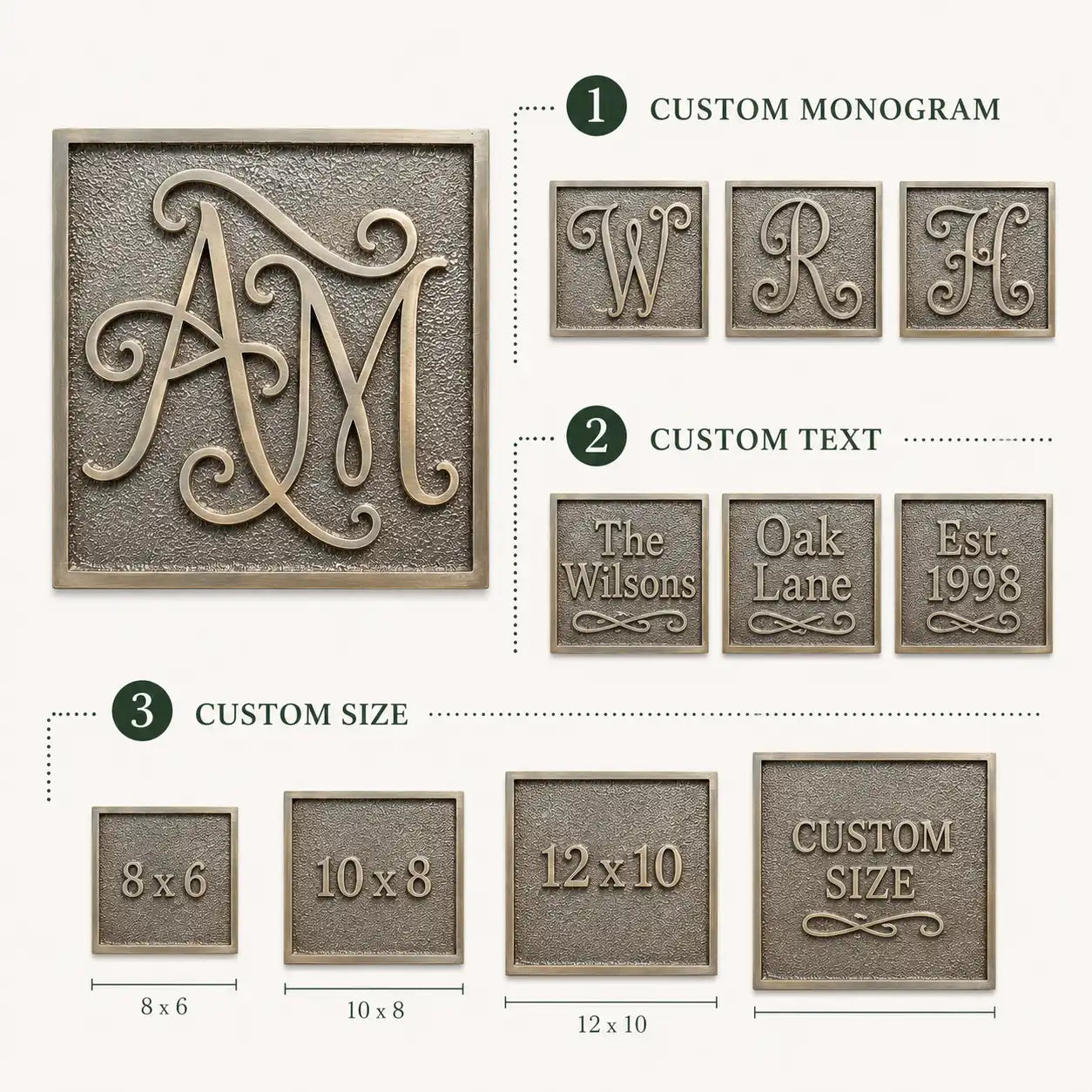 Luxury Brass House Number Plaque infographic highlighting polished raised lettering and personalized design options