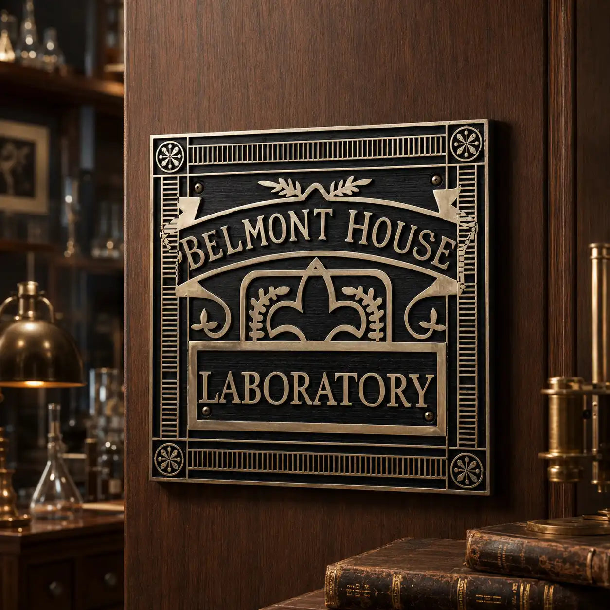 Custom brass door plaque with black and silver engraved finish