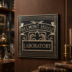 Custom brass door plaque with black and silver engraved finish