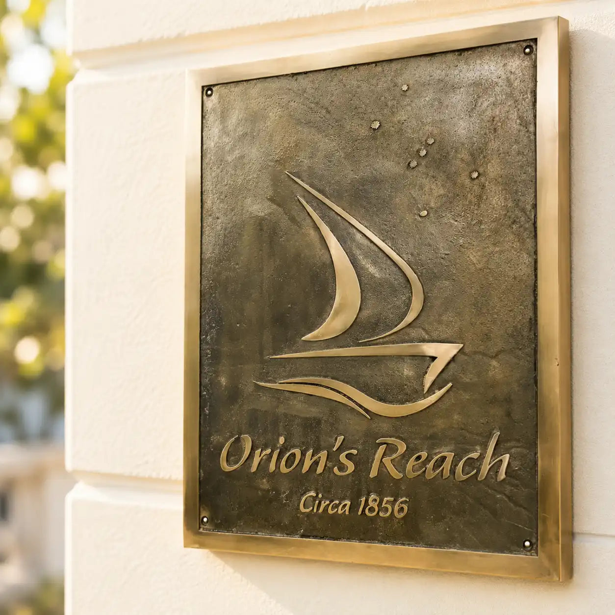 Angled left-side view of custom bronze sailboat plaque with antique brass border