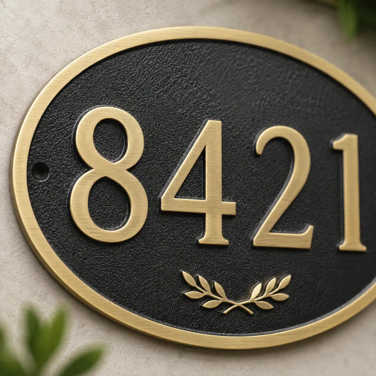 Handcrafted oval brass house number sign for home entrance