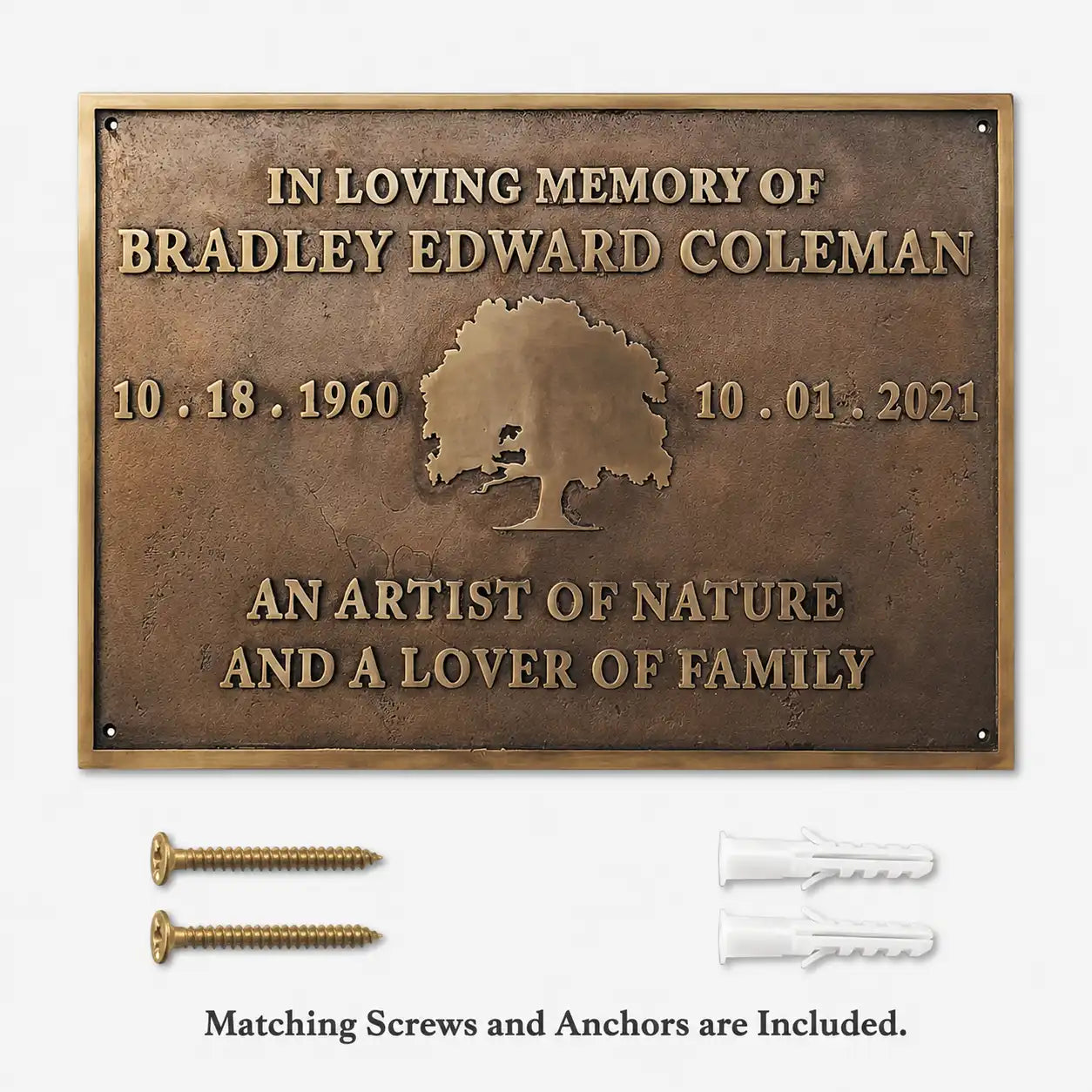 Bronze memorial plaque shown with engraved tribute details and complete mounting hardware.