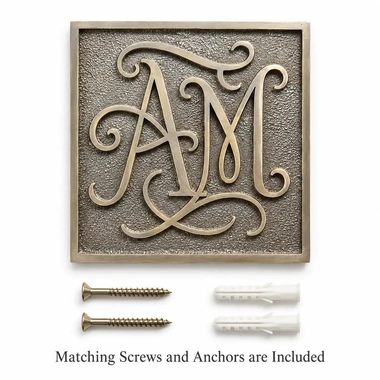 Personalized Brass House Number Plaque shown with matching screws and wall anchors on a clean background.