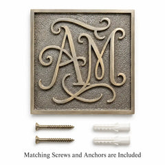 Personalized Brass House Number Plaque shown with matching screws and wall anchors on a clean background.