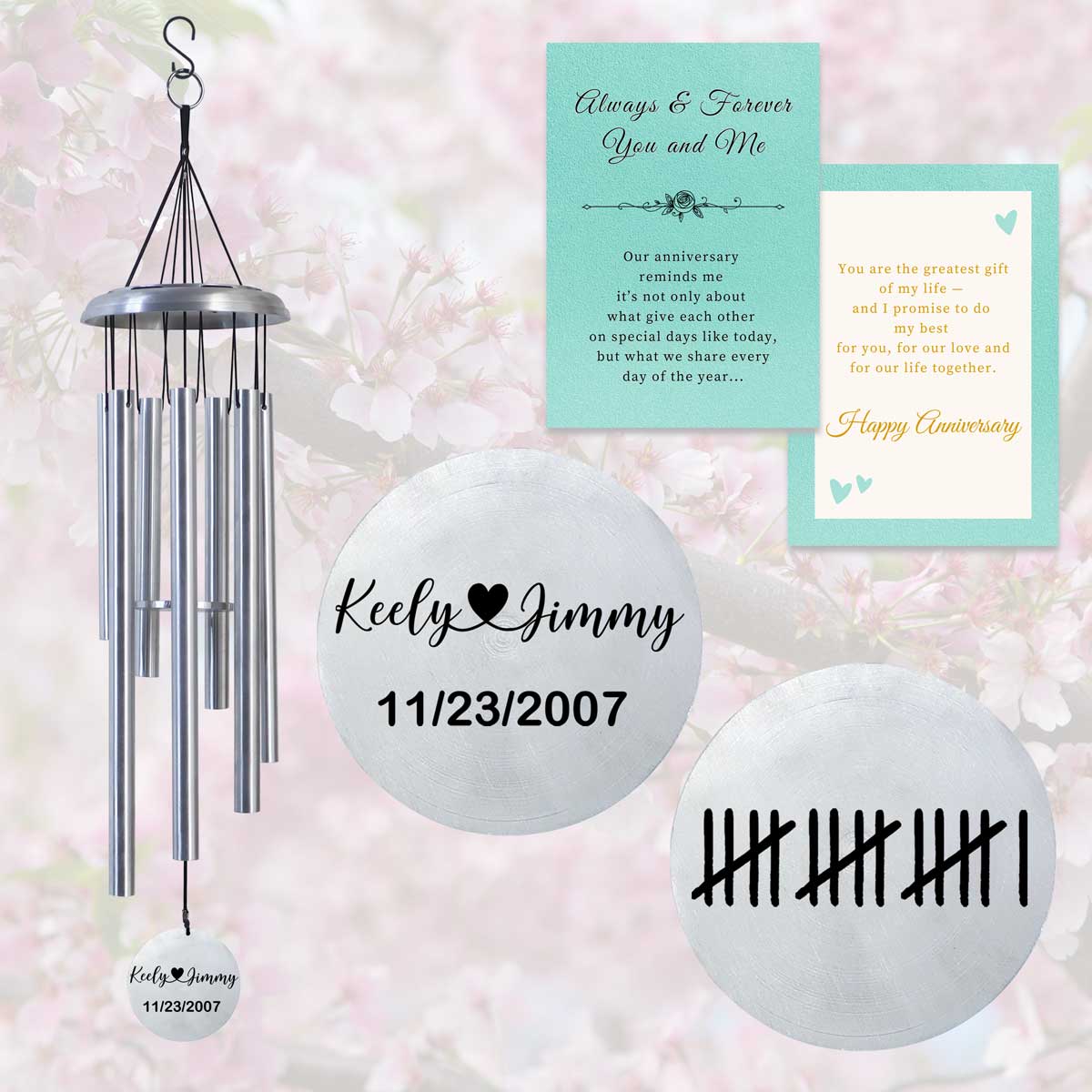 Silver personalized anniversary wind chime with custom engraving and included gift card packaging