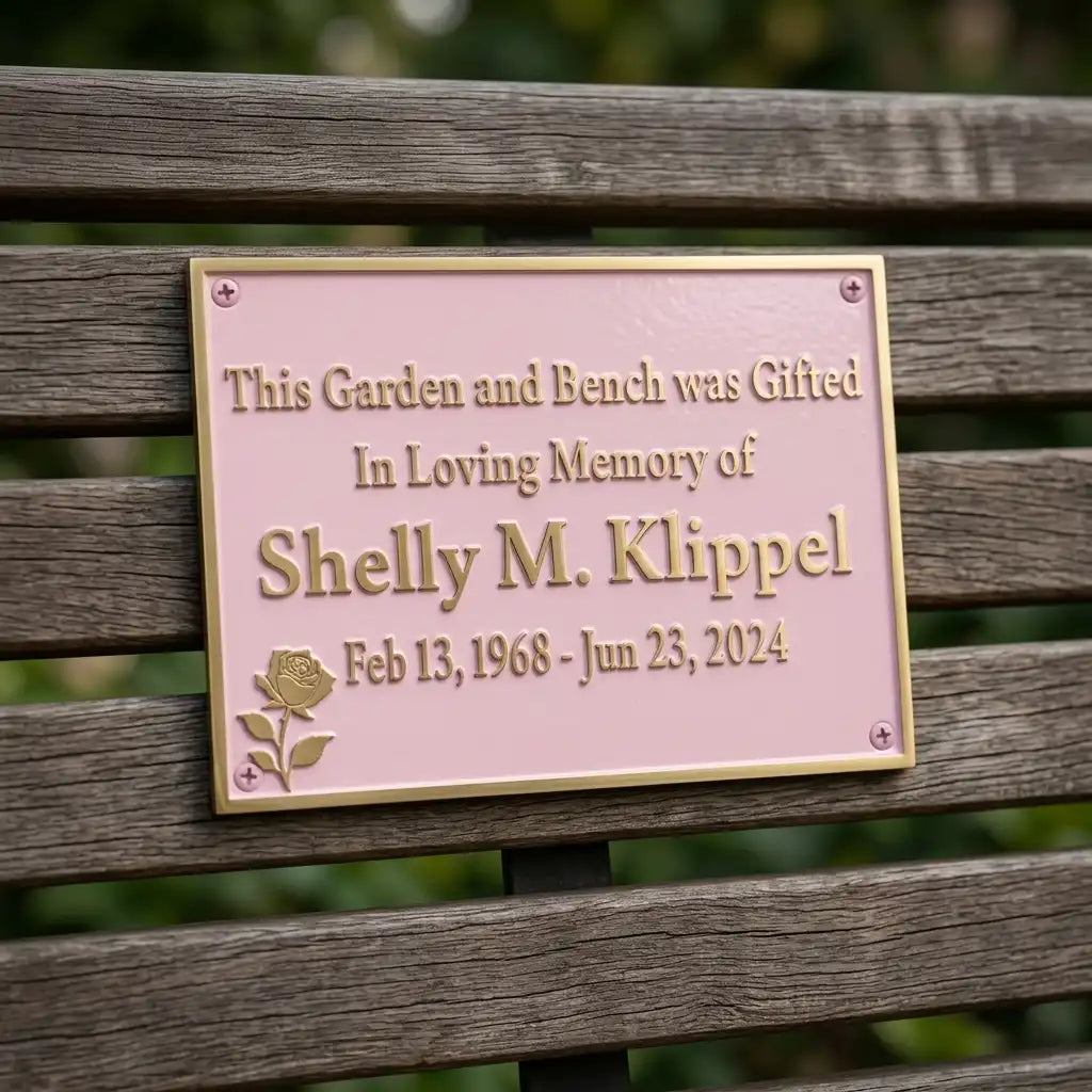 Memorial plaque on a bench dedicated to Shelly M. Klippel with a rose design.