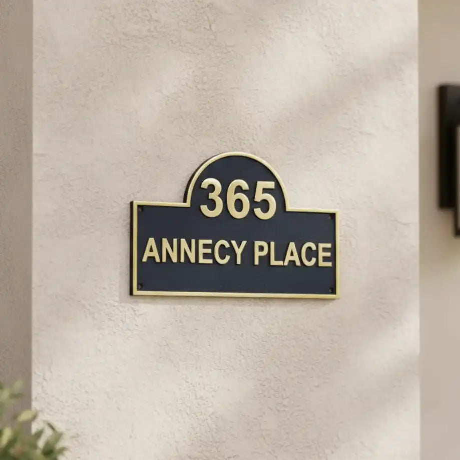 Custom House Number Sign in Black Finish – Brass Door Plate on a textured wall