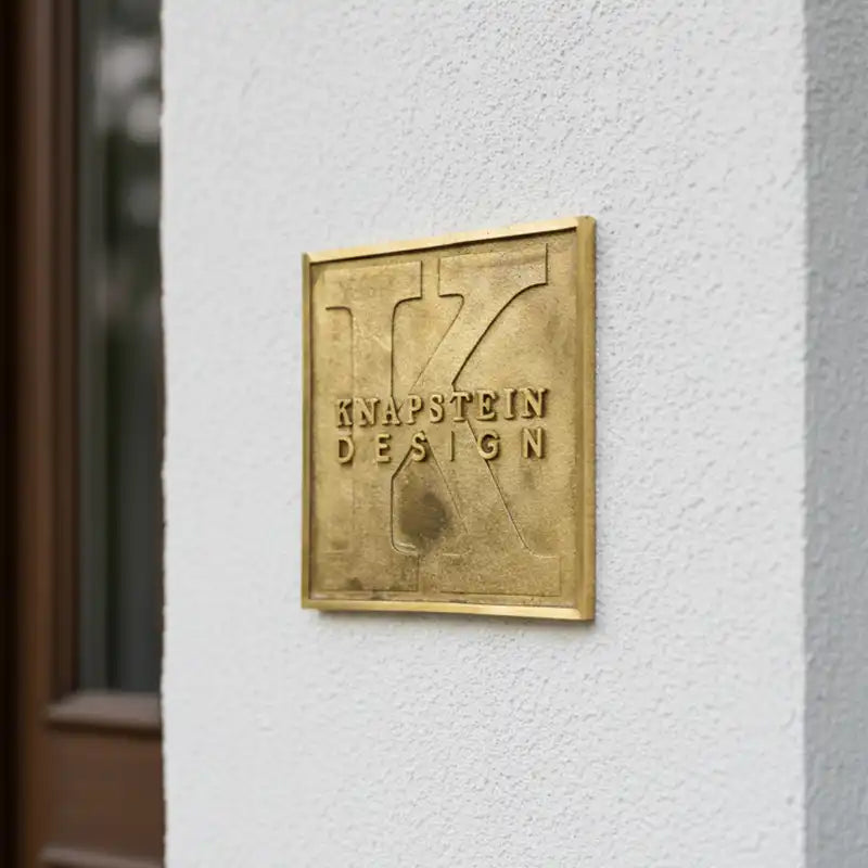 Brass plaque with custom design on a white wall