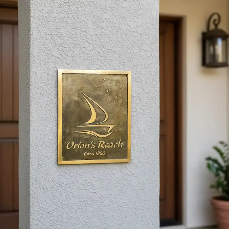 Brass plaque with Custom logo, name and year on a textured wall.