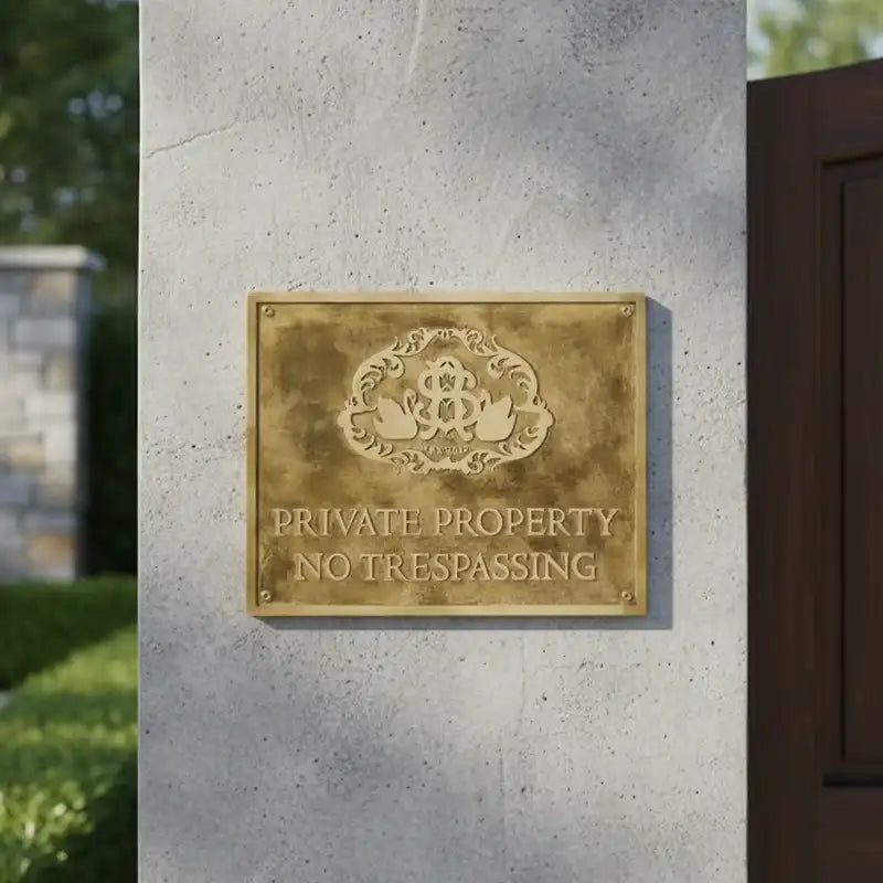 Custom Brass Plaque  - 'Private Property No Trespassing' sign on a concrete wall.