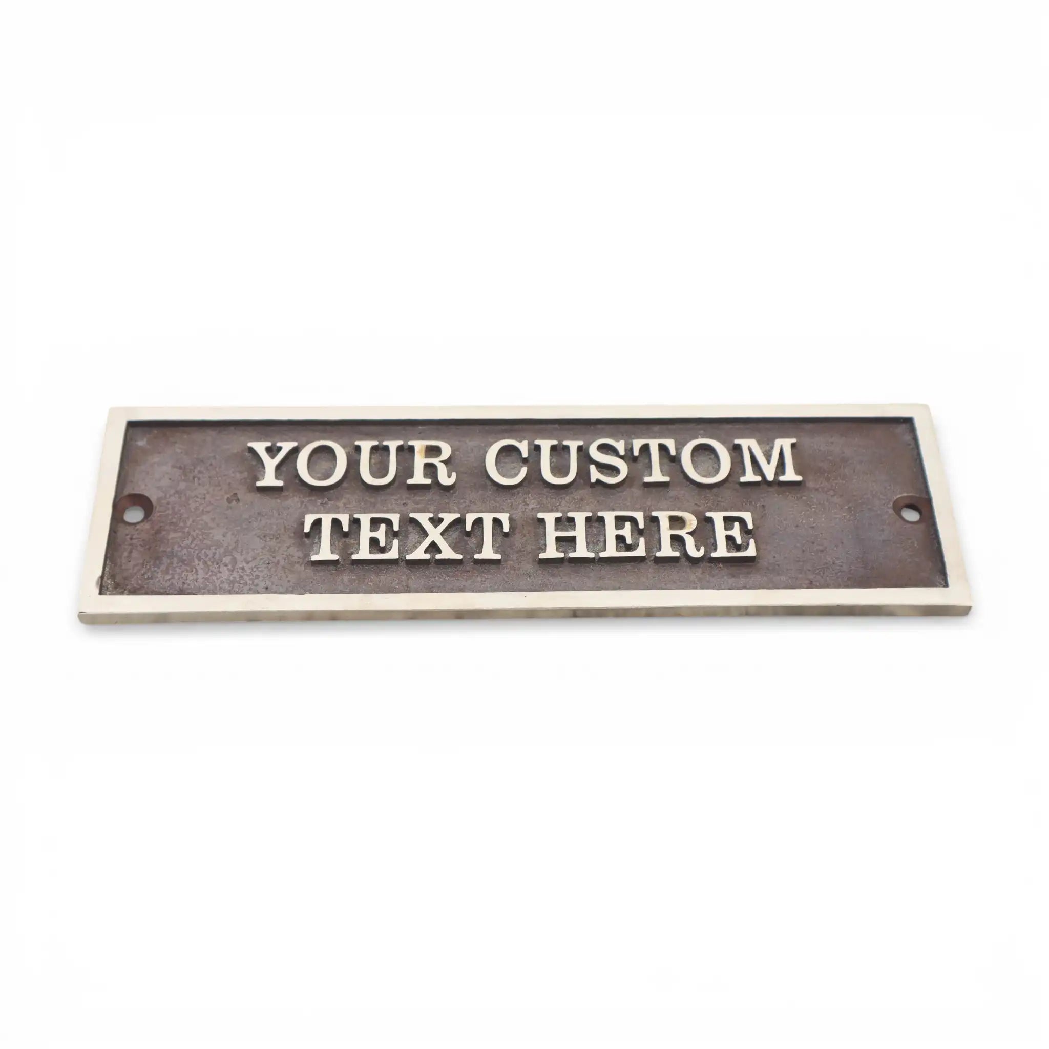 Custom text plate with a rustic finish on a white background