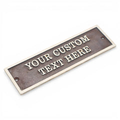 Rectangular metal sign with customizable text on a white background