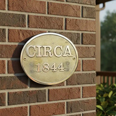 Brass plaque with 'CIRCA 1844' on a brick wall | Brass address plaque or
House address sign in brass