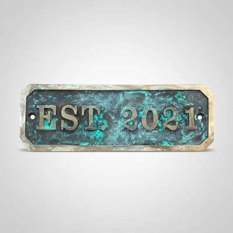 Decorative Custom Brass Name & Address Plaque - Patina Finish with custom text on a white background