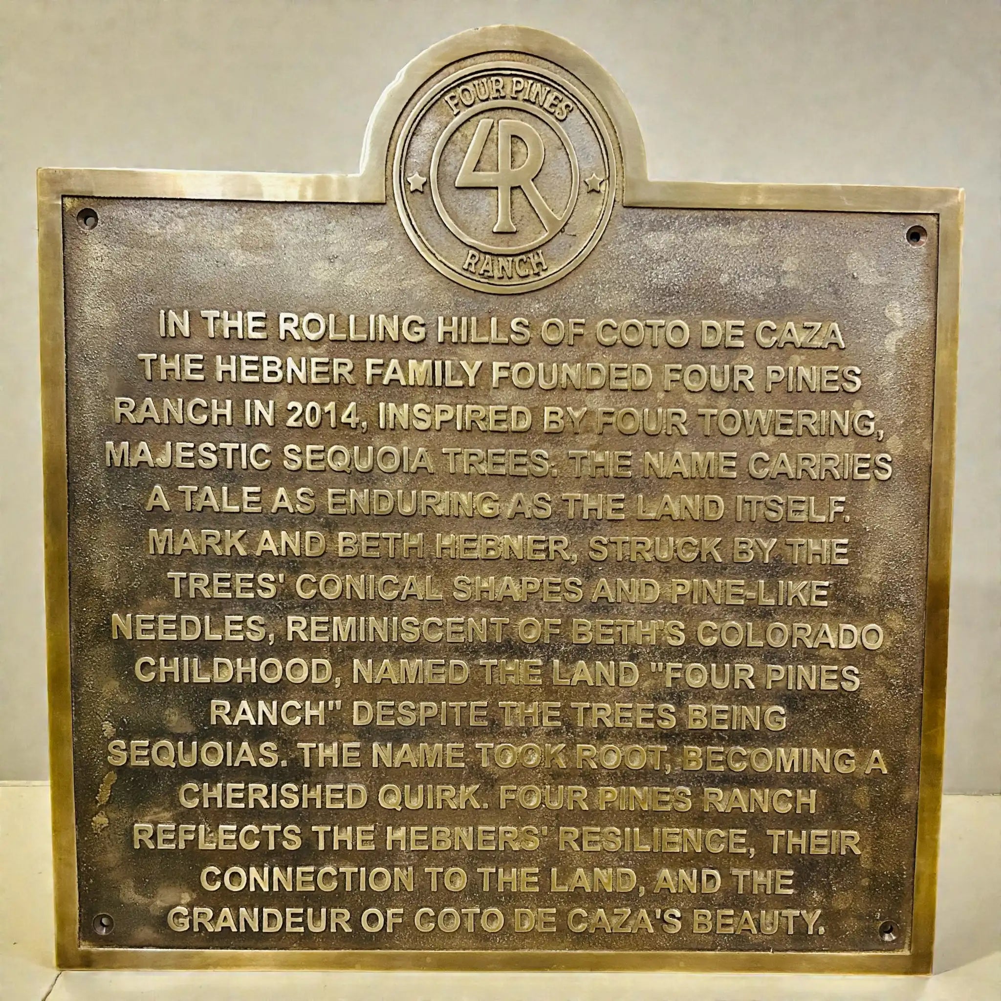 Bronze plaque with engraved text and  logo on a neutral background, engraved historical building plaque 