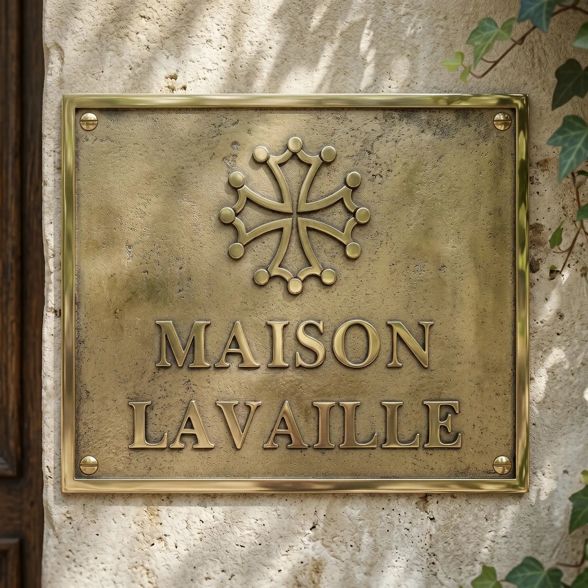 Brass plaque with 'MAISON LAVALLE' on a stone wall