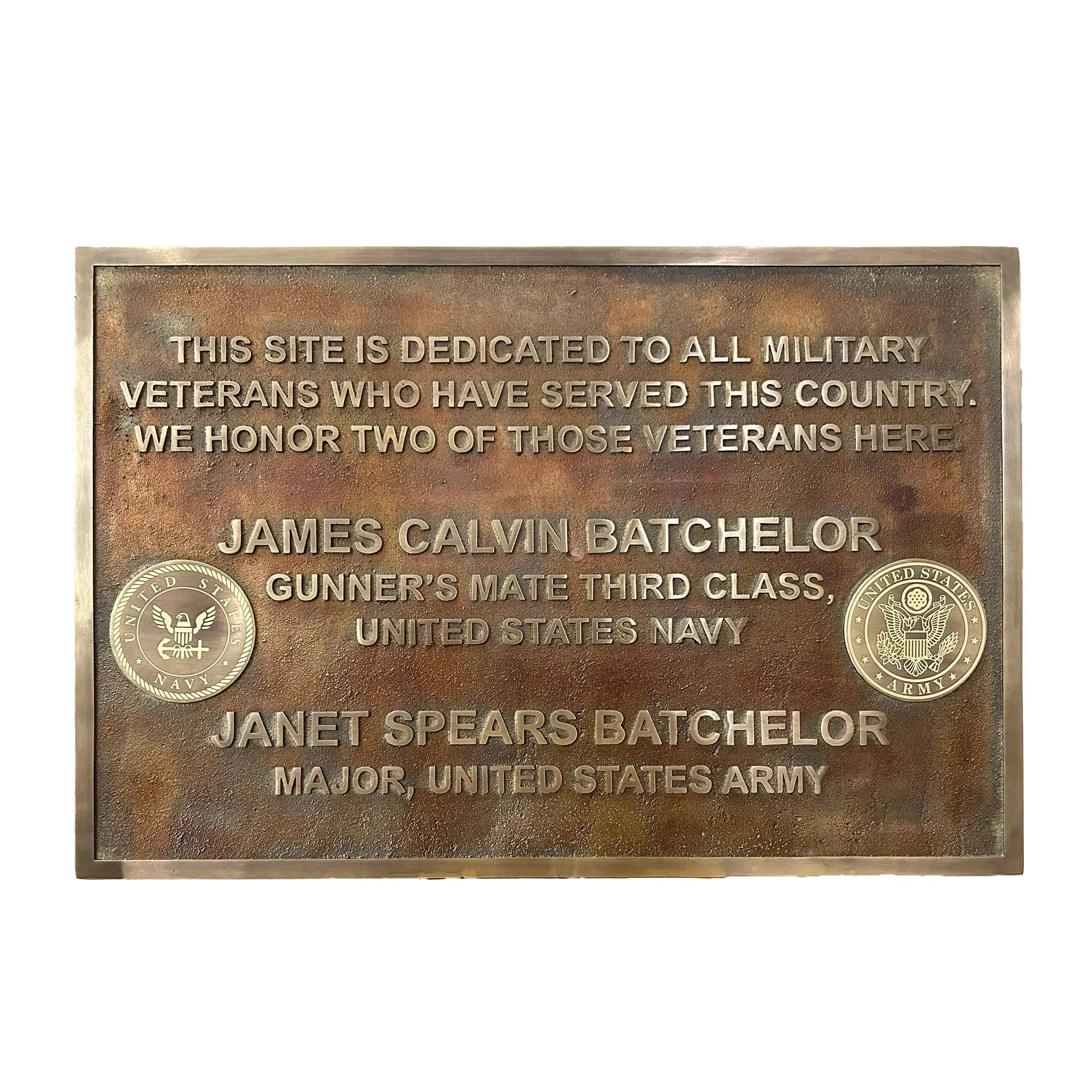 Bronze plaque honoring James Calvin Batchelor and Janet Spears Batchelor, a gunner's mate third class and major from the United States Navy and Army respectively.