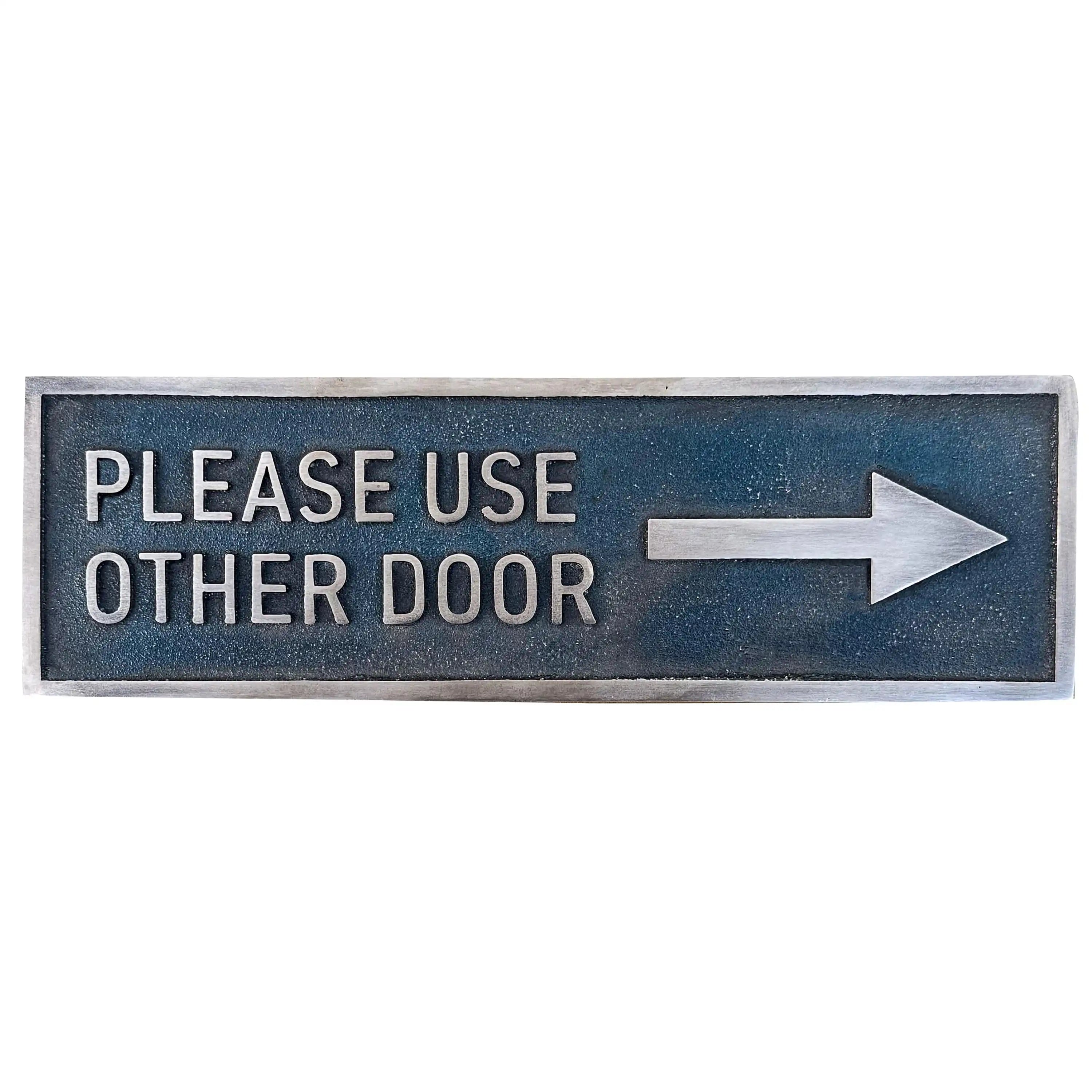 Bronze Metal Door Sign with 'Please Use Other Door' text and arrow on a white background
