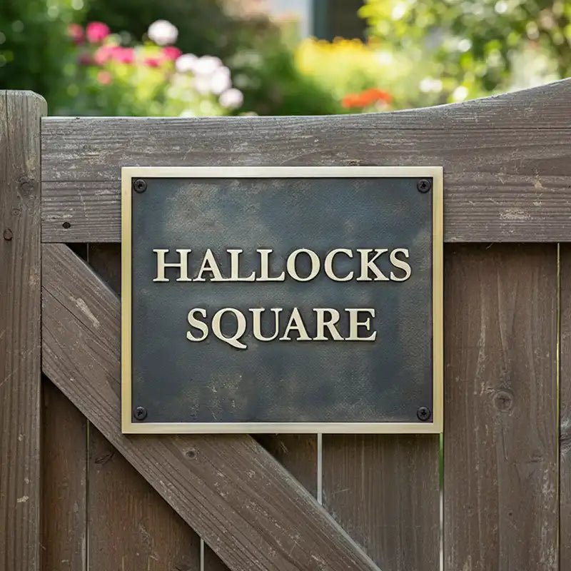 Bronze address sign reading 'Hallocks Square' on a wooden gate with blurred flowers in the background