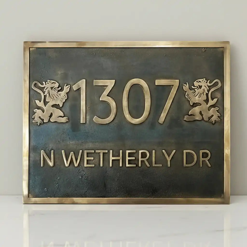 Bronze house number plaque, 
bronze house number plaque dark background
