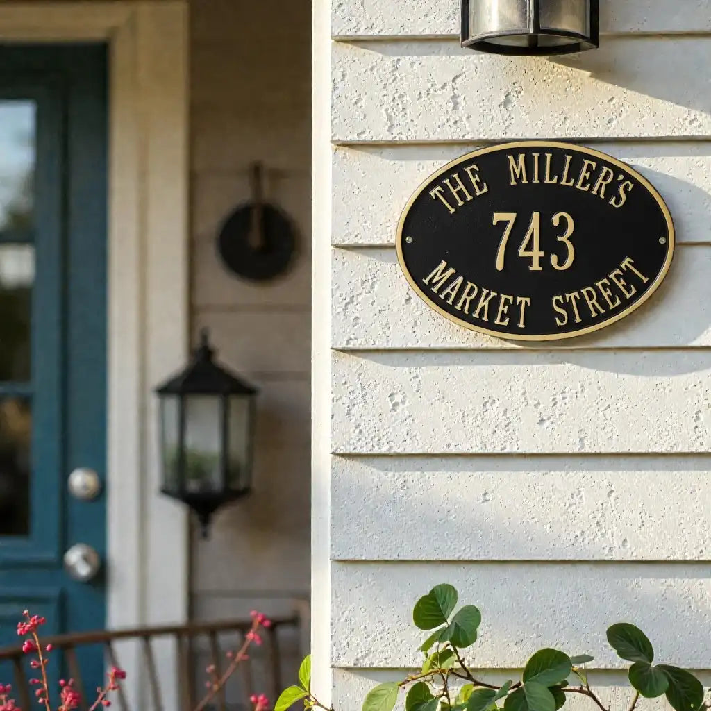 Oval bronze address sign house number sign on a house exterior with a blue door and greenery.