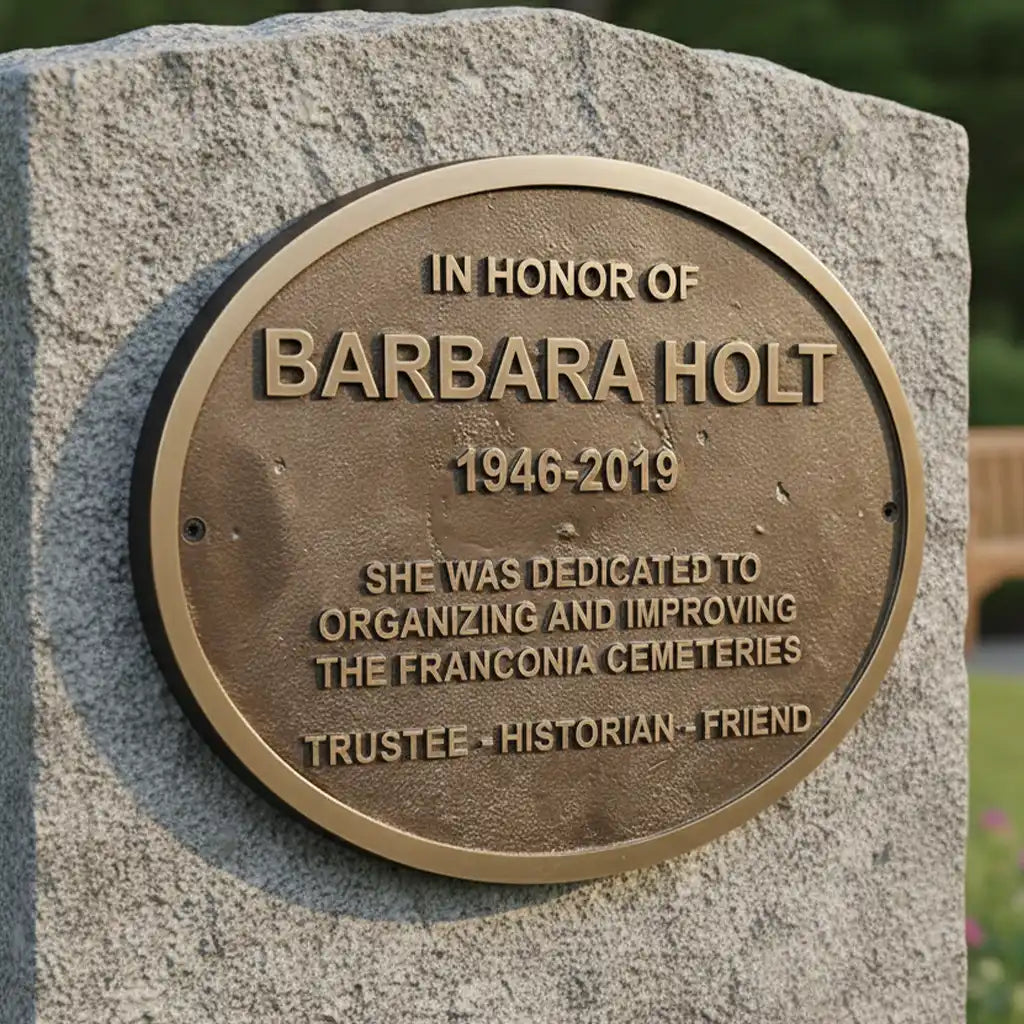 Memorial plaque honoring someone on a stone pedestal with a blurred background, Bronze memorial plaque