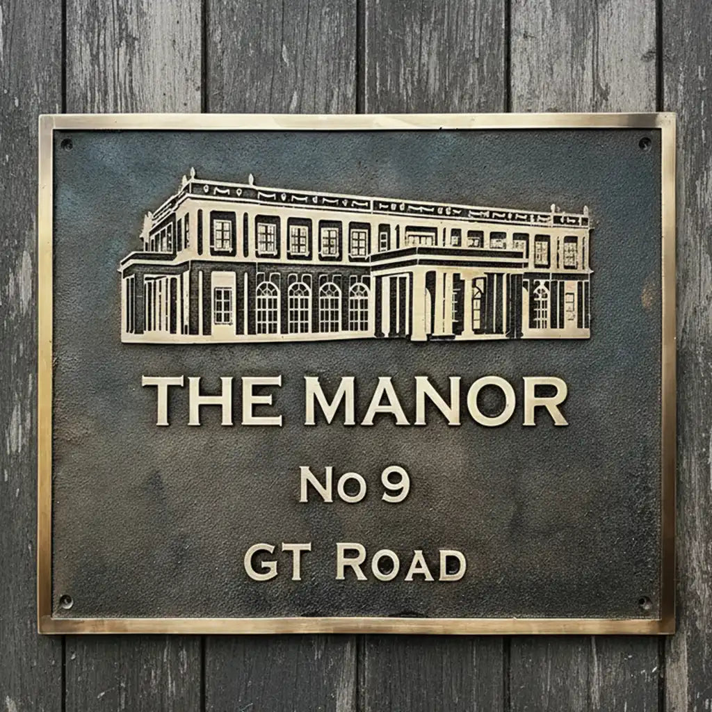 Cast bronze address plaque 3D design | Bronze sign with architectural illustration and text on a wooden background