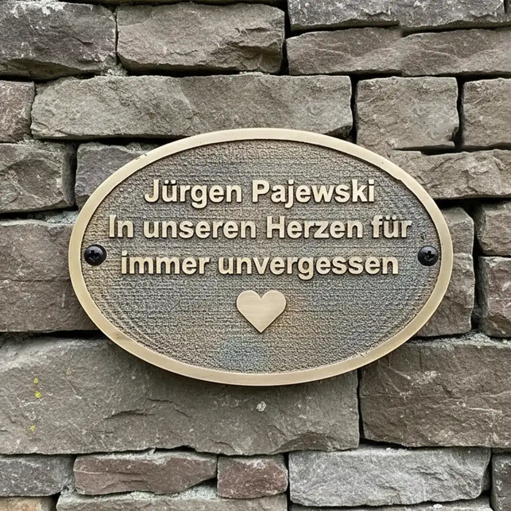Memorial plaque with engraved text on a stone wall, Cast bronze plaque oval-shaped
