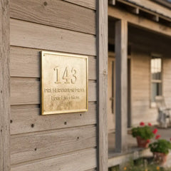 Brass plaque with address numbers and delivery instructions on a plain background | Antique brass address plaque
