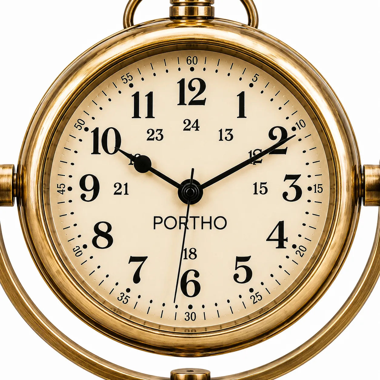 A close-up of a round analog clock with a polished gold brass case and a cream-colored dial. The clock features bold black Arabic numerals, black hands, and the brand name 'PORTHO' printed below the 12 o'clock position.