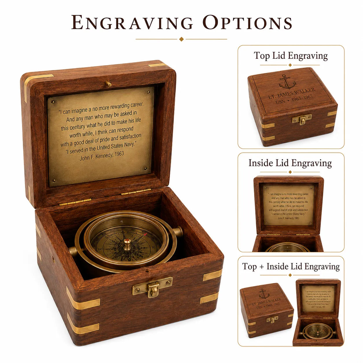 Antique brass gimbal compass in wooden box with personalized top lid engraving