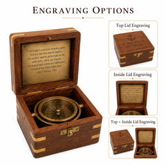 Antique brass gimbal compass in wooden box with personalized top lid engraving