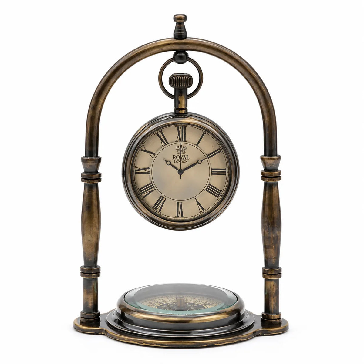 Personalized antique brass desk clock with hanging Roman numeral dial and compass base, front view
