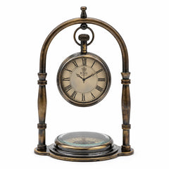 Personalized antique brass desk clock with hanging Roman numeral dial and compass base, front view