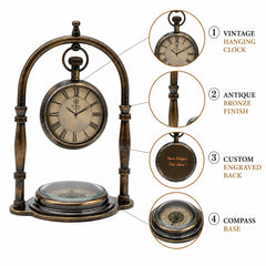 Personalized desk clock infographic showing hanging clock, antique finish, engraved back and compass base