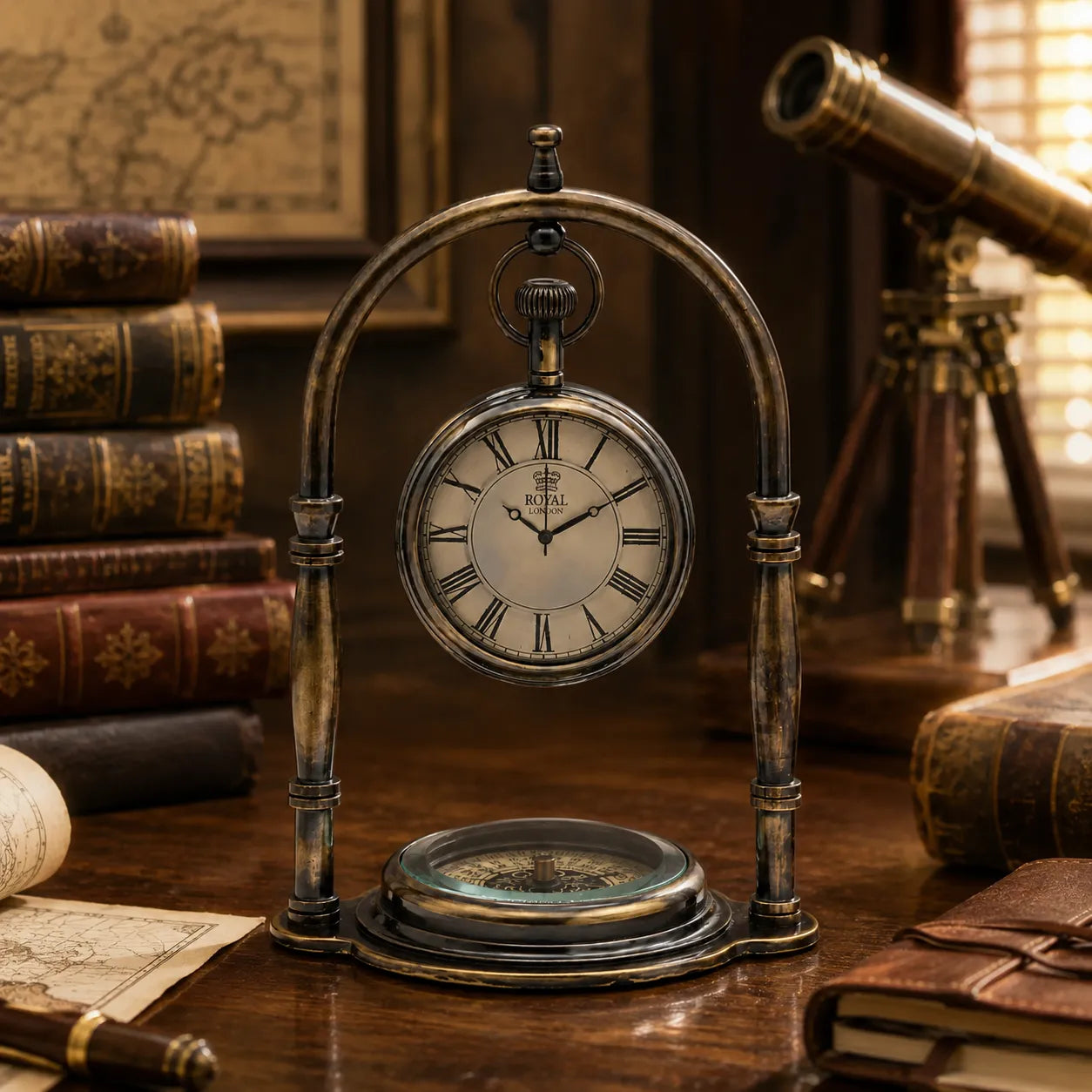 Personalized antique brass desk clock with compass base displayed on a vintage study desk
