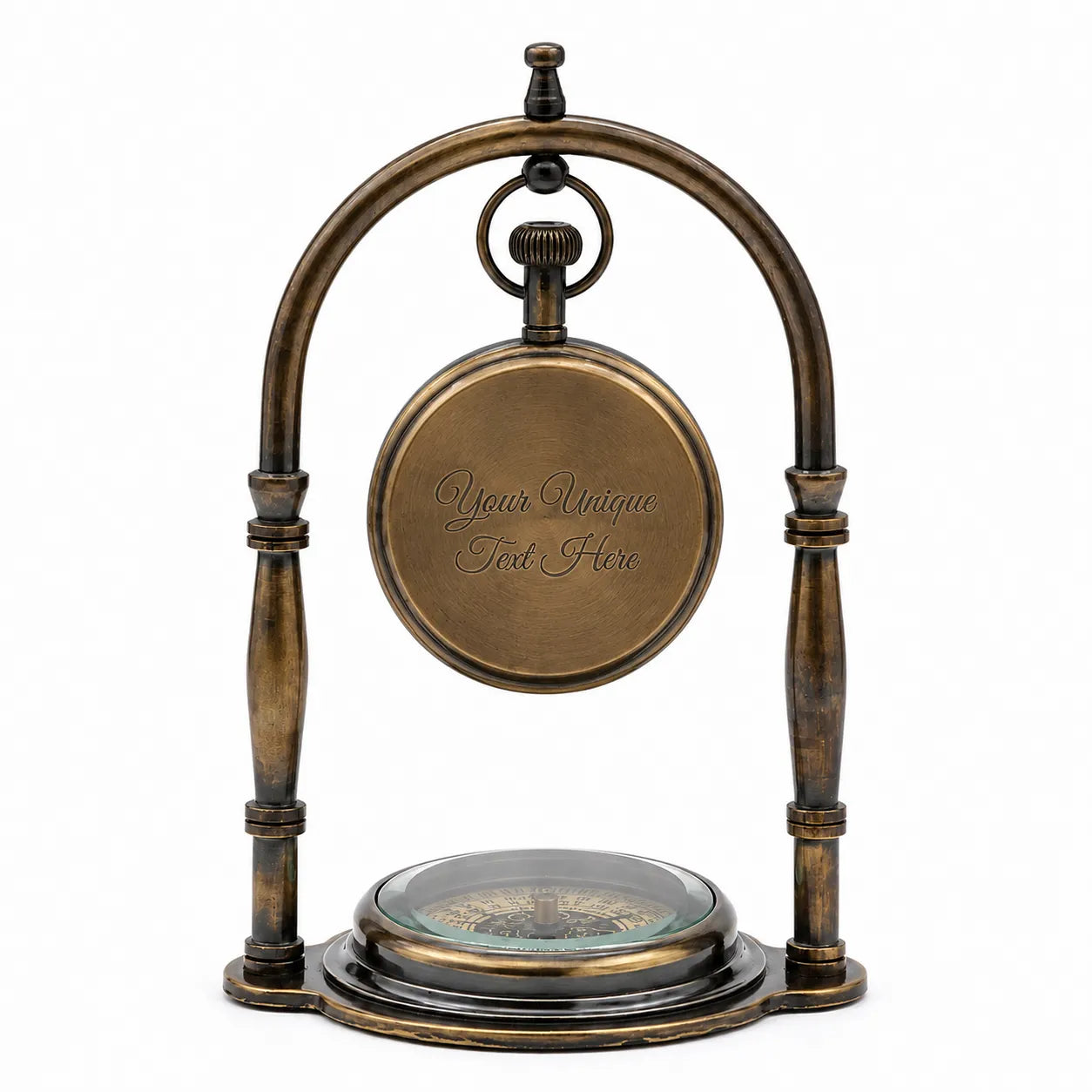 Back view of personalized antique brass desk clock with custom engraved message and compass base