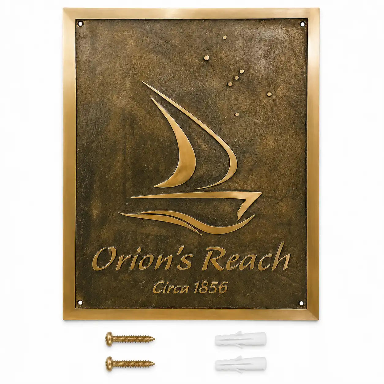 Custom brass address plaque displayed with two mounting screws and two wall anchors included for secure and easy installation.