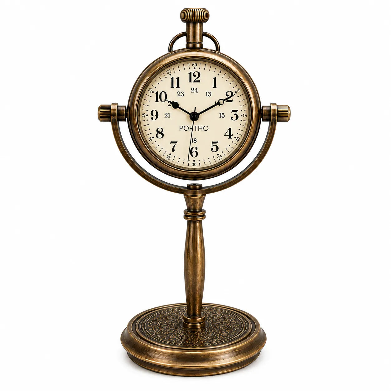 Front view of antique brass desk clock