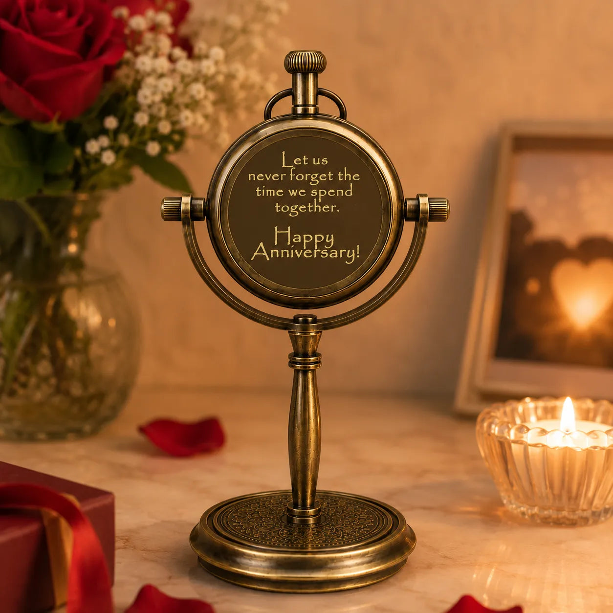 Engraved desk clock back with anniversary message